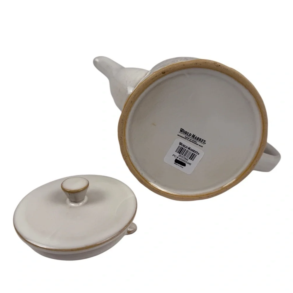 World Market Holiday Teapot Cream Reactive Glaze Embossed Ceramic NWT